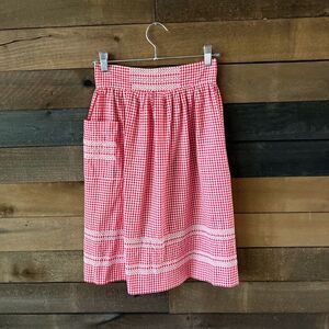 Vintage Handmade Red & White Gingham Embroidered Kitchen Apron One Size